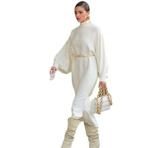 ST. JOHN SILK MINIMALIST BALLOON SLEEVES DRESS IN ALABASTER NWT